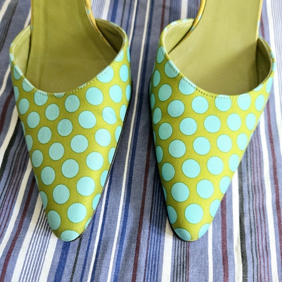 Kate Spade ◇ Green/ Turquoise polka dot kitten heel mules Sz 6 Made Italy - Picture 9 of 10